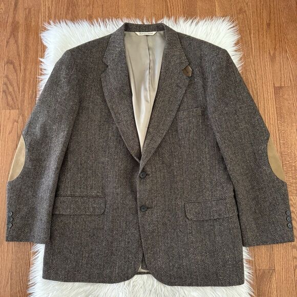 Vintage Wool Tweed Herringbone Blazer Mens 44R Brown Black Jacket USA Sport Coat - Picture 1 of 15